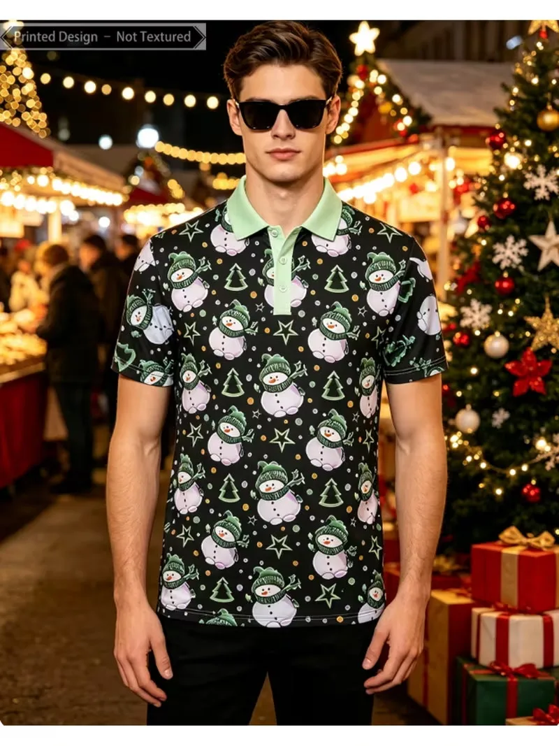Men Christmas Polo Shirt Santa Snowman Reindeer Xmas Tree Elf Print Short Sleeve Collared Tee Holiday Party Casual Tops For Male