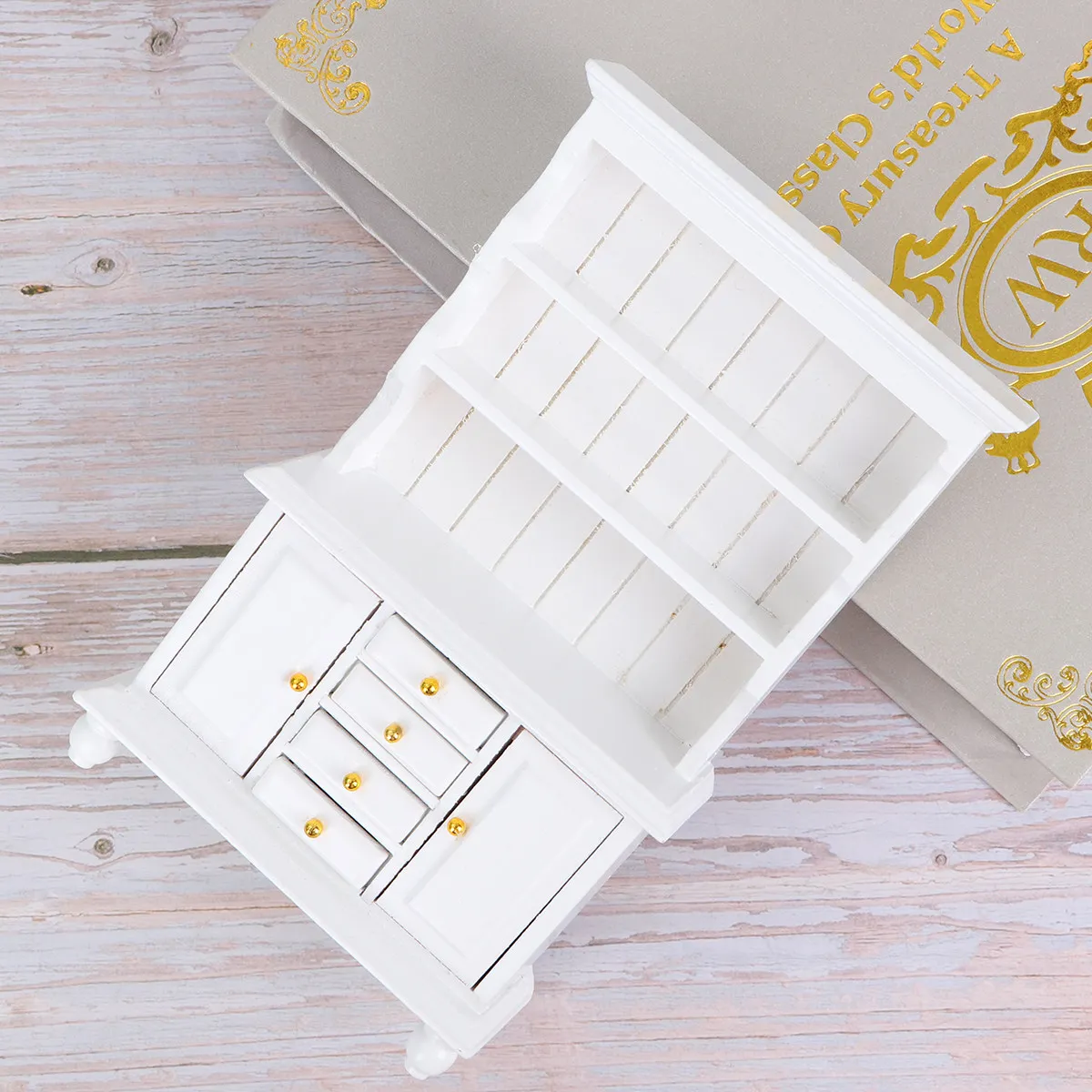 

White Wooden Mini House Bookcase 1:12 Scale 103x4x169cm Traditional Design 3-Shelf Storage 4 Functional Drawers 2 Cabinet Doors