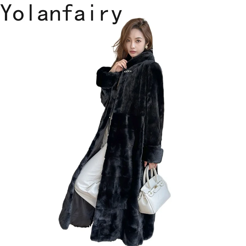 YOLANFAIRY قطع عالية الجودة من فرو المنك للنساء معطف شتوي طويل من الفرو الطبيعي مع غطاء محرك السيارة معاطف فرو أسود للنساء