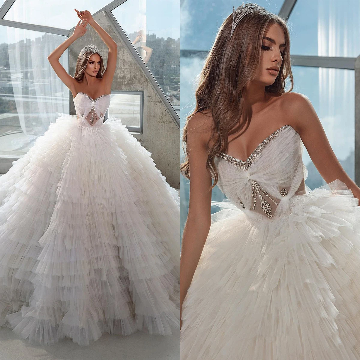 จีบสีขาวงานแต่งงานชุดคริสตัลใหม่เซ็กซี่ Sweetheart Tulle แปรง Train ชุดเจ้าสาวขาย Hot Robe De Mariage Vestido