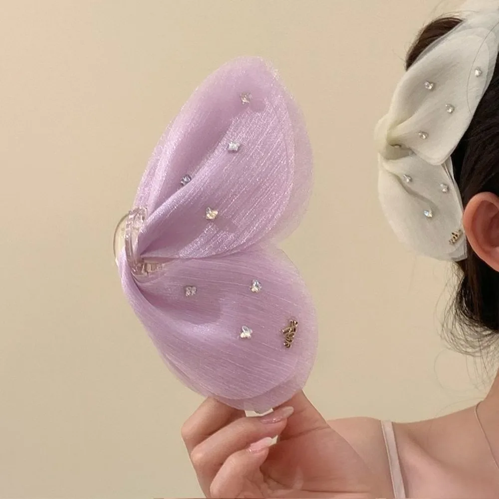 

Cloth Butterfly Petals Hair Claw Korean Style Sweet Rhinestone Mesh Shark Clip Hair Accessories Headwear Women Hairgrips Daily