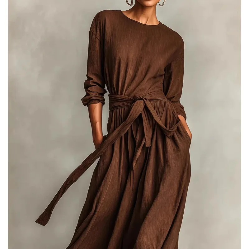 

2026 Spring and Autumn New Ladies Elegant Brown Woven Long Sleeve Crew Neck Dress