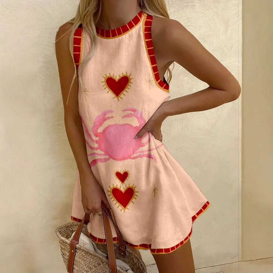 

European Print Linen Mini Dress 2025 Sleeveless Summer Dress Clean Girl Aesthetic Vacation Wear Womens Fashion