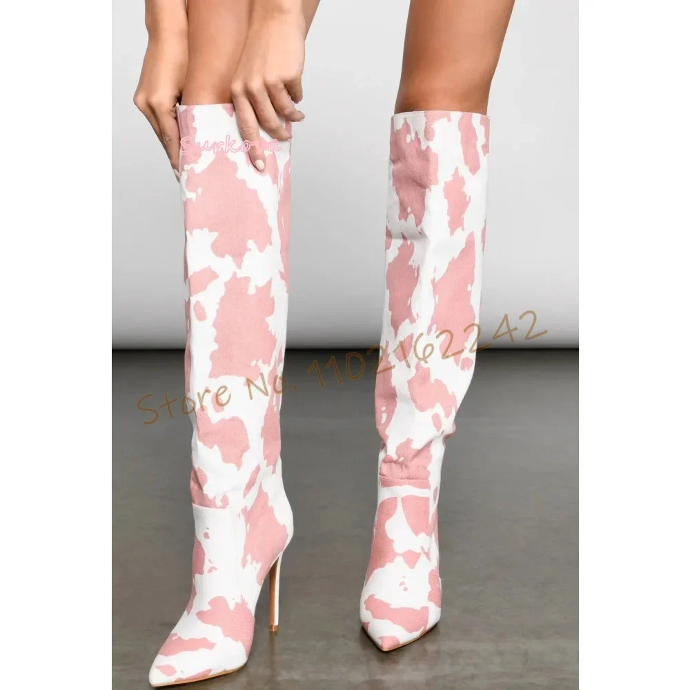 

Spring Pink Printed Knee-High Boots Women'S Pointed Toe Stiletto Straight Boots Elegant Casual Mixed Colors Thin Heels Boots 46