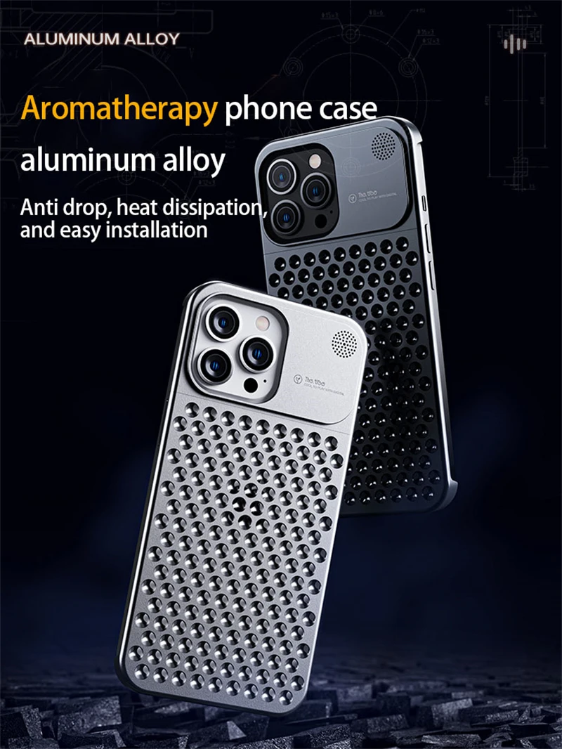 Metal Aluminum Alloy Heat Dissipation Aromatherapy Phone Case For iPhone 15 14 13 12 Pro Max No Border Back Cover Protective