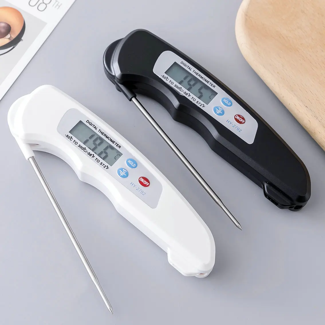 Foldable Meat Thermometer - Magnetic Stainless Steel Food Probe,Waterproof Digital Cooking Thermometer for BBQ and Kitchen Use