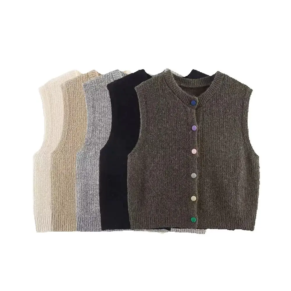 

New women's fashion European and American style color buckle round neck cardigan knitted vest