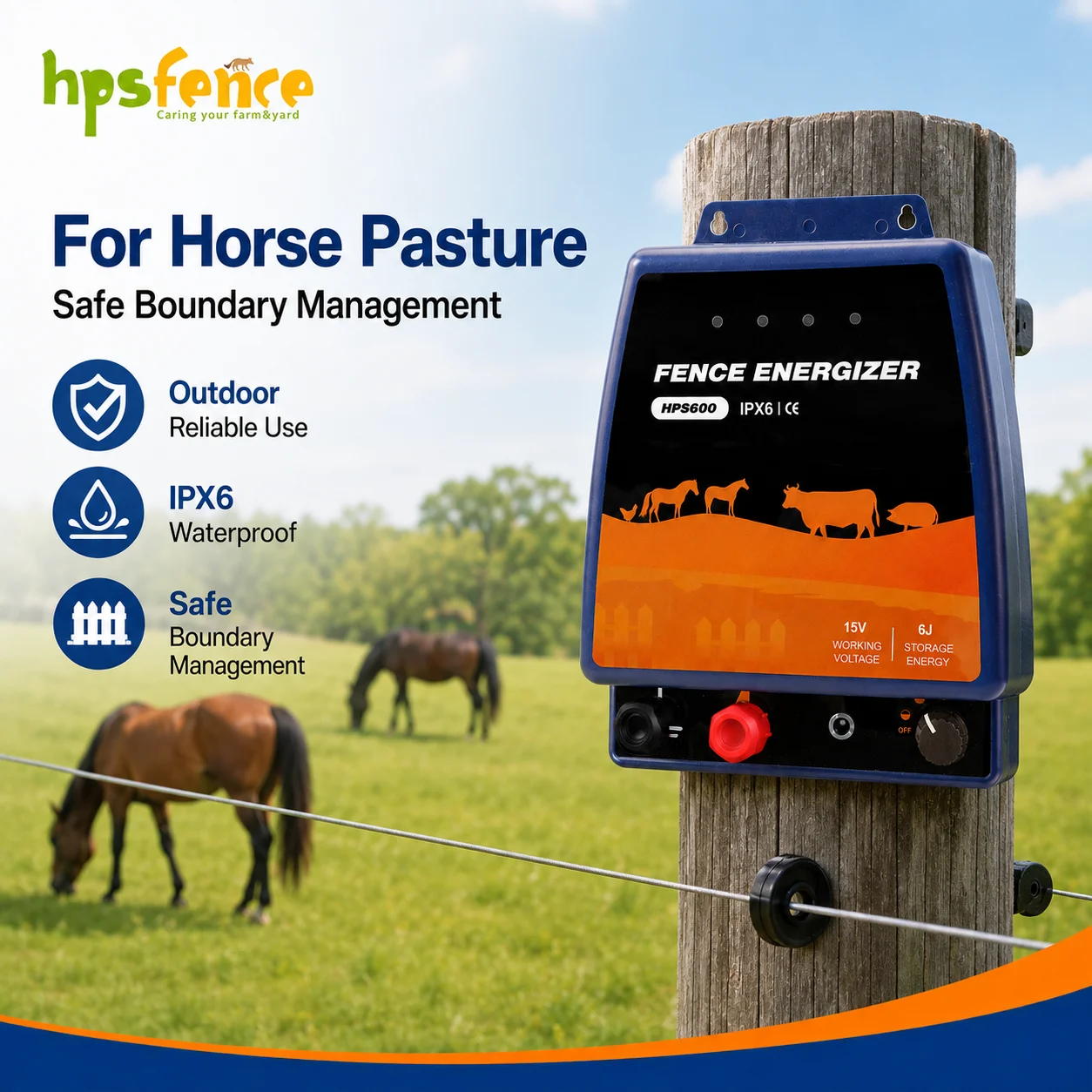 HPS600 Electric Fence Charger 15V 6J IPX6 CE Farm Fence Energizer for Cattle Sheep Goat Horse Pig Use Tool Kit