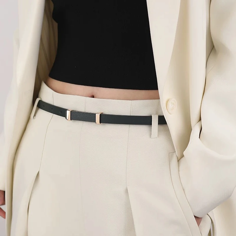 Simple Thin Designer Belt For Women Elegant Gold Metal Buckle Genuine Leather Ladies Waistband Matching Female Dress Jeans Belts