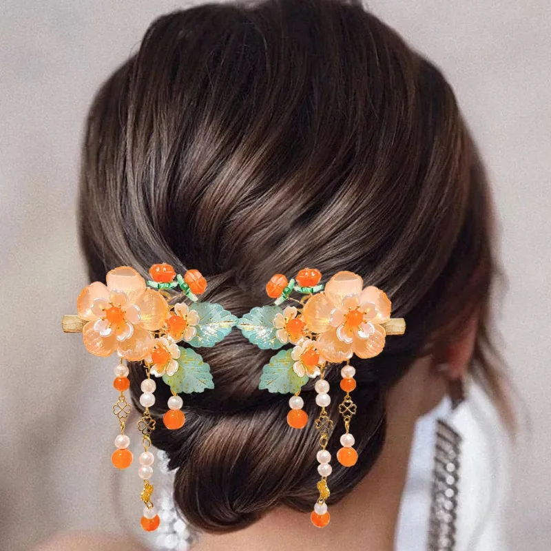 Ensemble de pinces à cheveux à pompon floral d'inspiration chinoise pour femme, pinces à bec de canard en résine, douces et mignonnes, parfaites pour le cosplay, 2 pièces