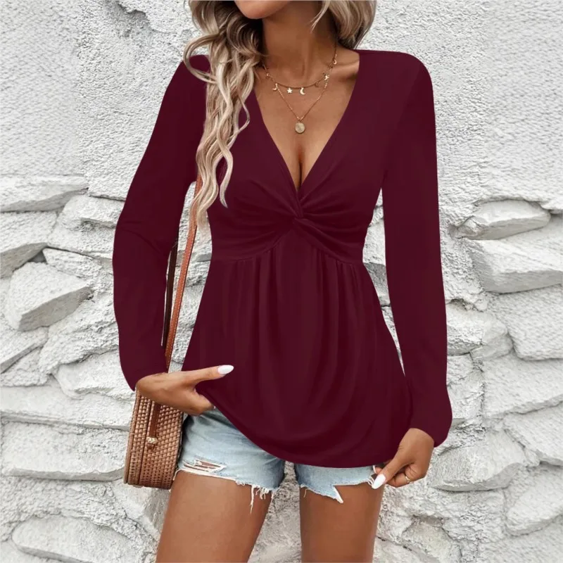 

Autumn Winter New Women's Twisted Solid Color Long Sleeve Sexy V-neck Hoodie Women's Casual Long Sleeve T-shirt Ropa Mujer