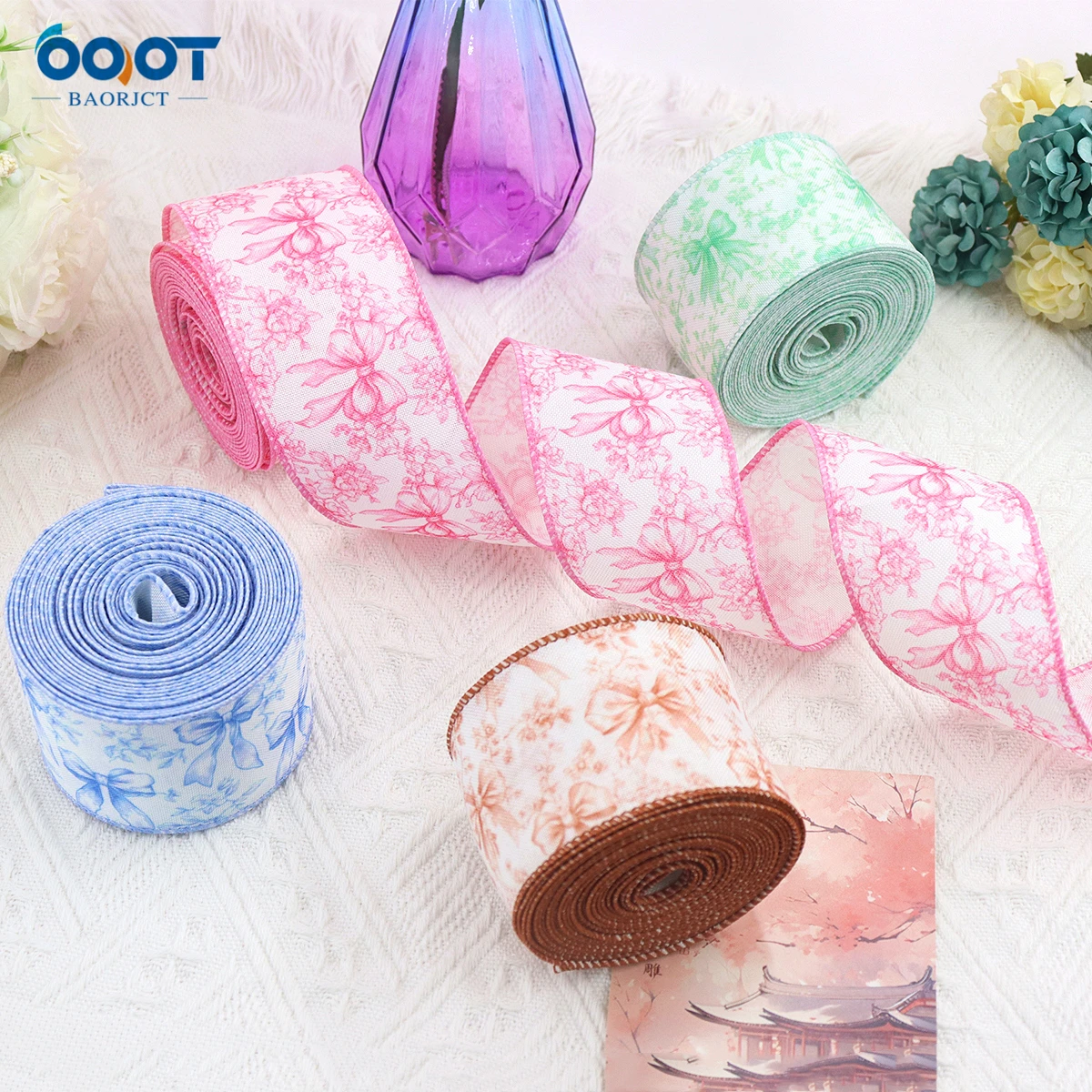 

5 ярдов/лот, лента с цветочным принтом, 2,5 дюйма, проводная упаковочная лента с принтом для DIY, упаковка, свадебные цветочные банты, декор, домашняя вечеринка 25524