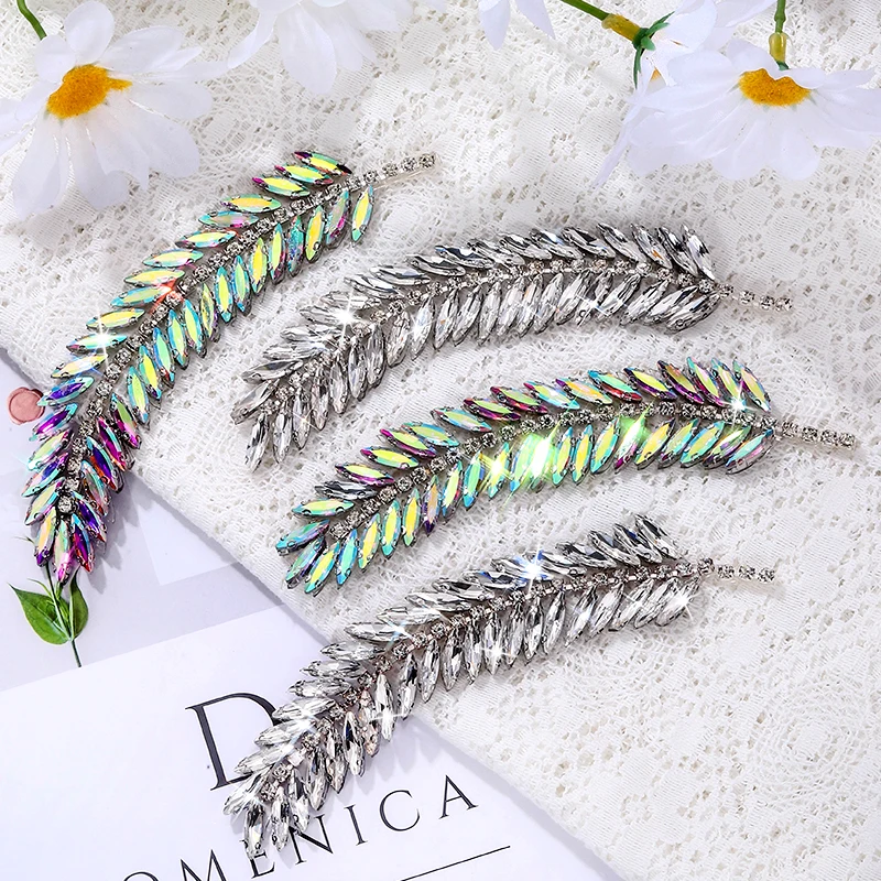 DUCrystal 1pcs 13cm Leaf Motif Rhinestone Ribbon Claw Glass Rhinestone Patch Hot fix/glue-on for DIY Craft Clothing Decoration