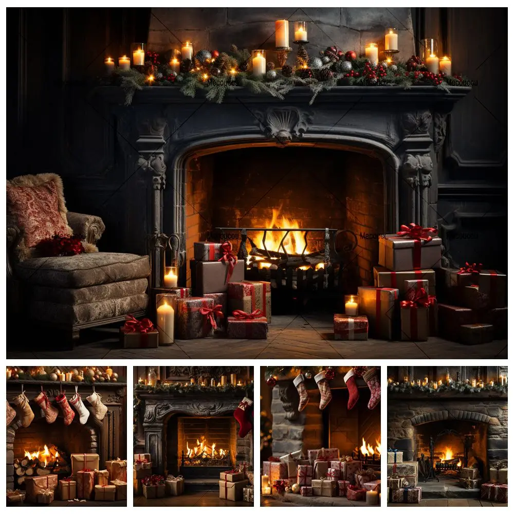 Fireplace Backdrop Christmas for Photography Xmas Tree Home Party Decoration Wall Kids Eve Photo Studio Photo