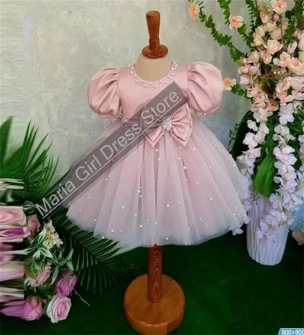O-neck Short Sleeves Pearls Bow  Flower Girl Dress  A-line Tulle Satin Skirt Girls Party Dresses Kid Customized