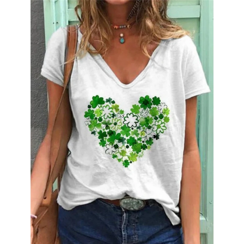 تي شيرت نسائي صيفي 2023 بأكمام قصيرة وياقة على شكل V مع طباعة، أسلوب عصري مريح وقابل للتنفس