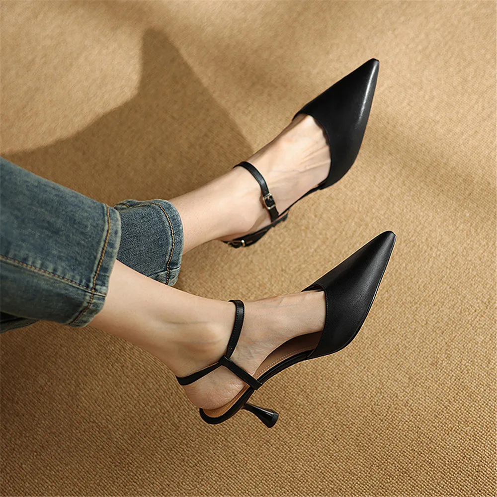 FEDONAS Women Genuine Leather Sandals Sexy Pointed Toe Ankle Strap Party Shoes Closed Toe Summer Prom Wedding Shoes Woman Pumps