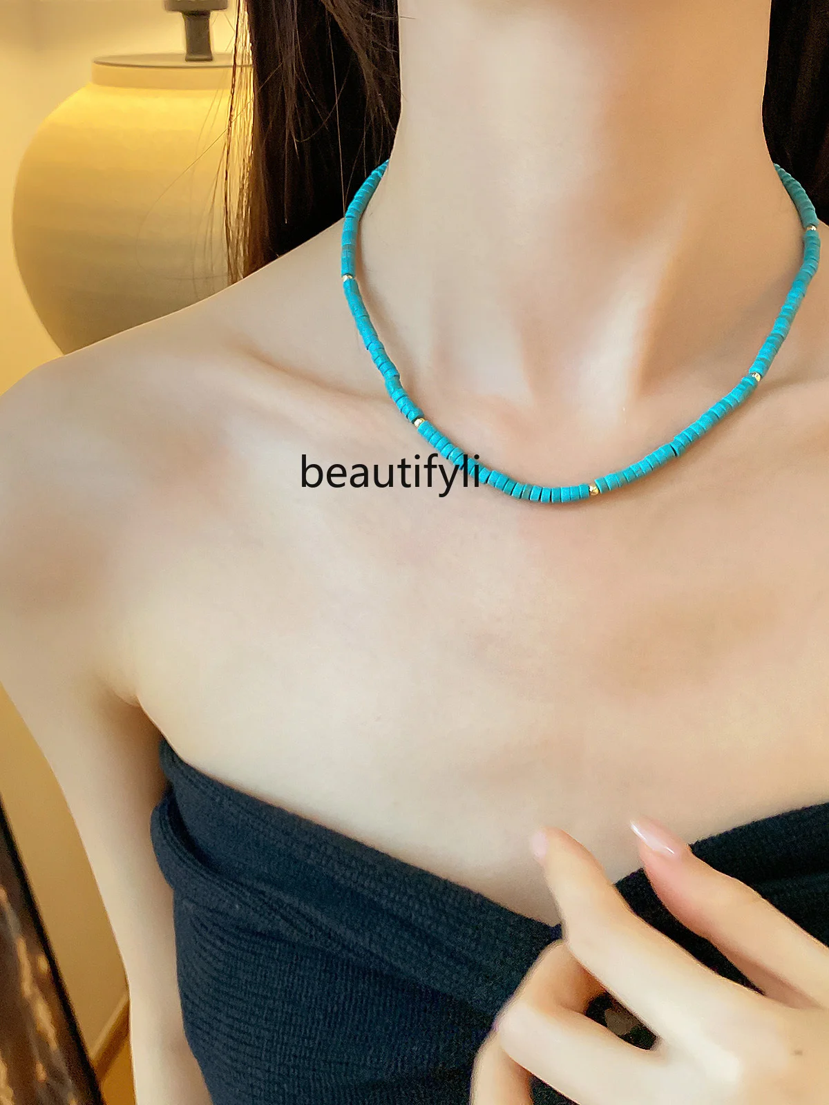 

Turquoise Beaded Titanium Steel Tide Necklace New Light Luxury Minority Chinese Style Clavicle Chain Neck Chain