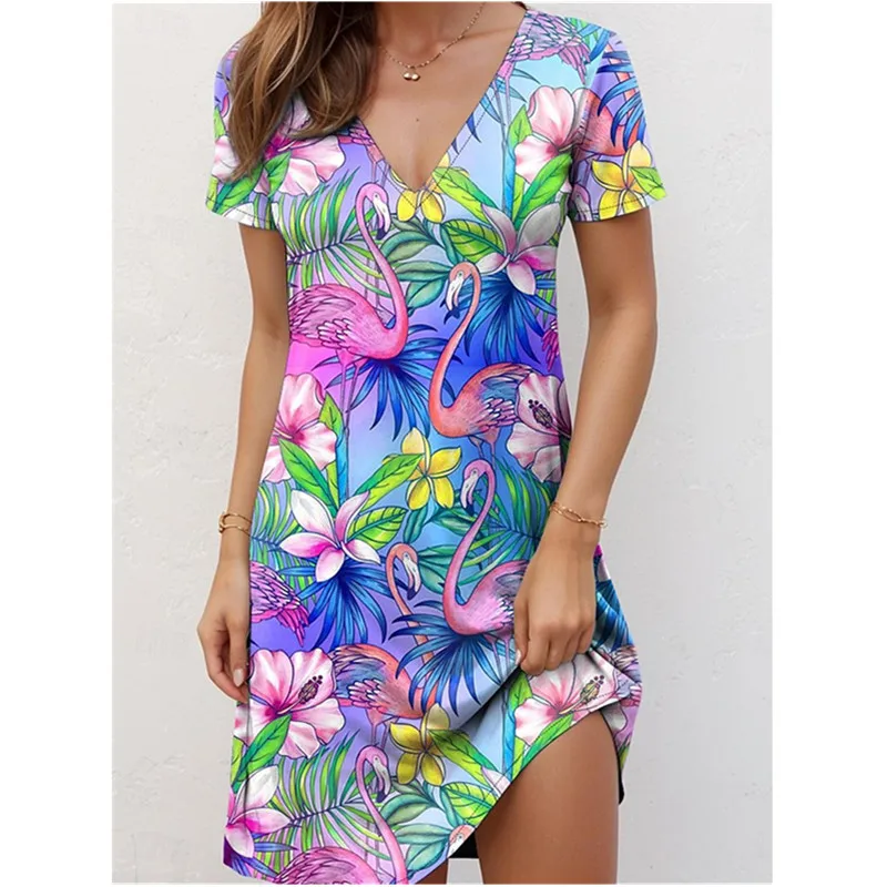 Retro Women Dress Fashion Personality Ethnic Style Floral Print Dress Big Size 3XL Women Summer Casual Short Sleeve V-Neck Dress
