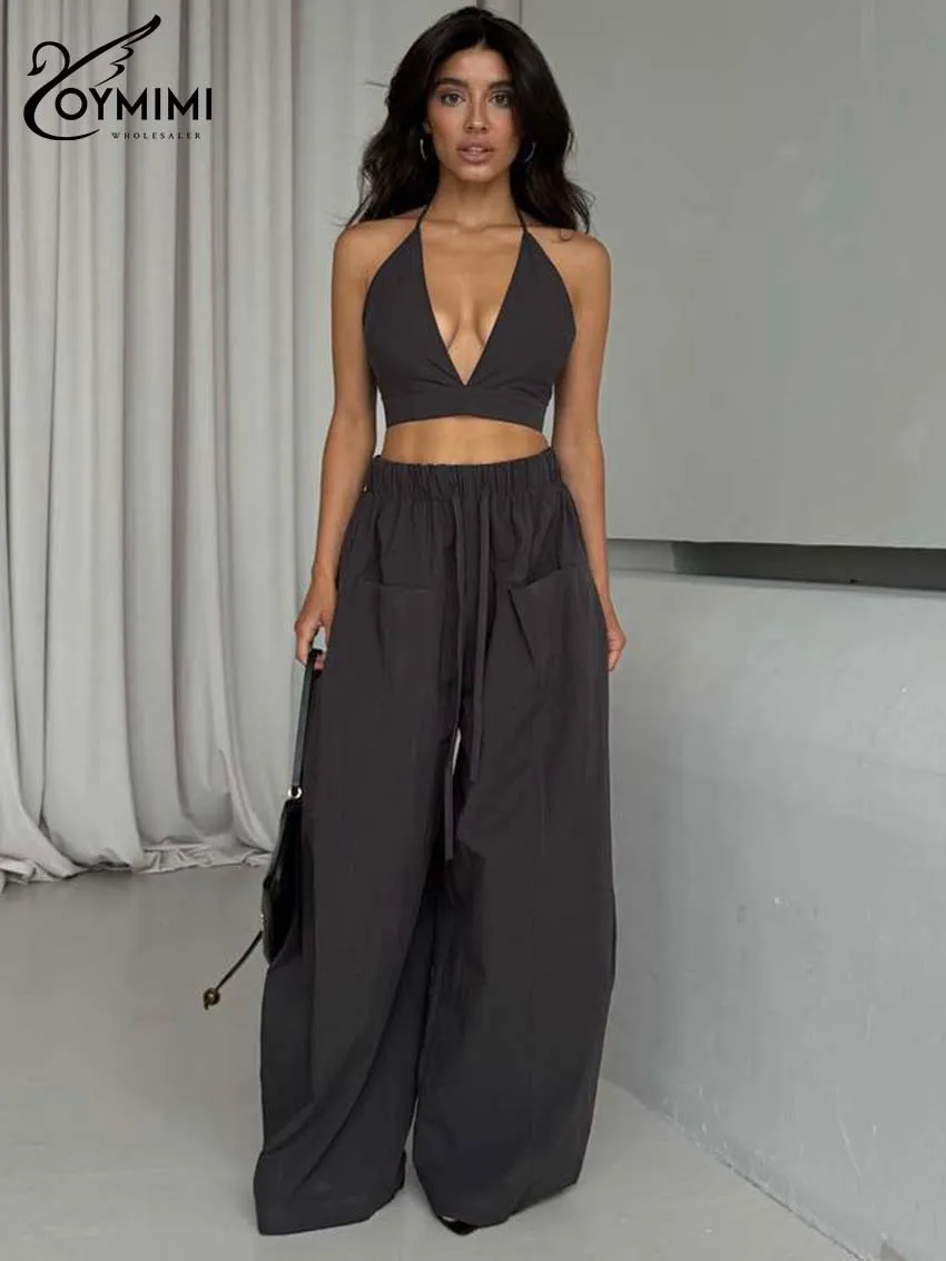 

Женский черный комплект Oymimi из 2 предметов: укороченный топ-халтер и брюки с широкими штанинами на шнуровке, повседневный, модный, весна 2026