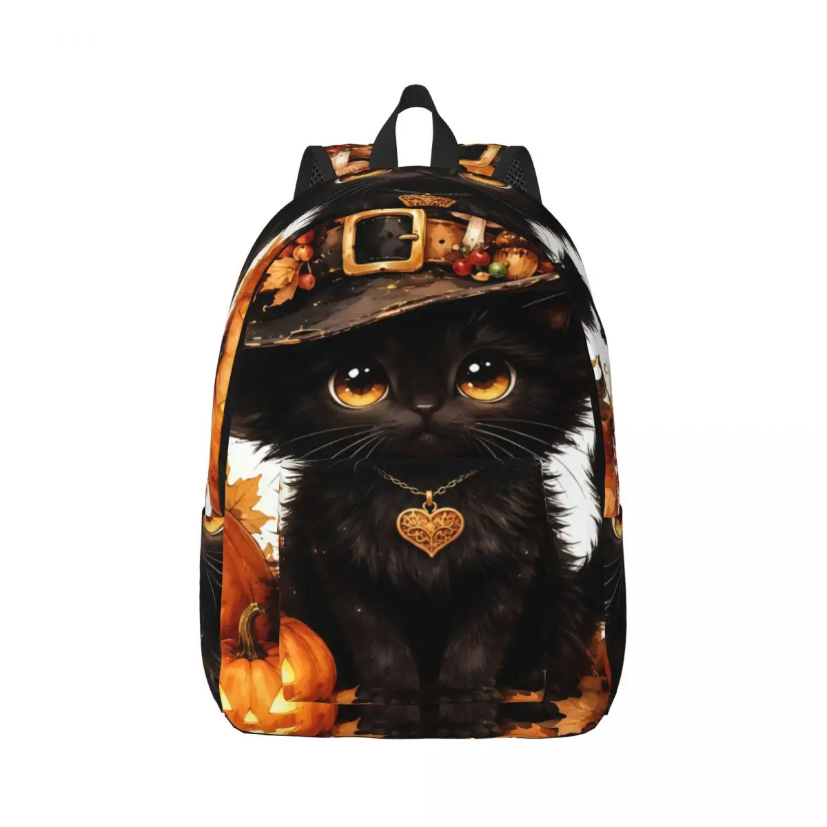 Pumpkin Gothic Backpack Center Black Kitten Witch Hat Pumpkins Ghost Cute Kawaii Halloween Black Daypack for College Class Sport