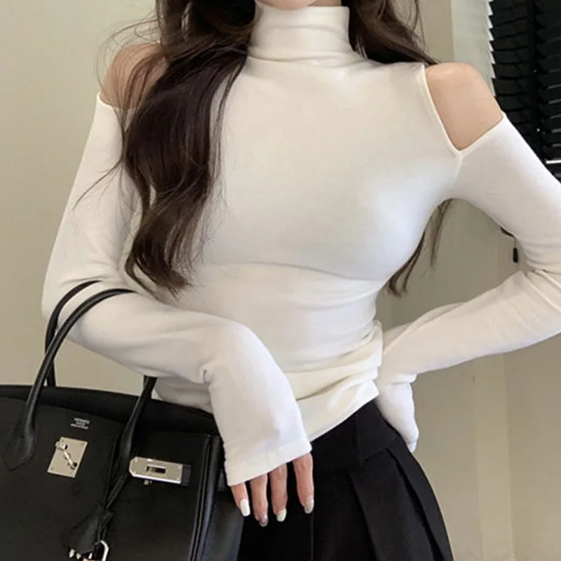 New Half Height Collar Tops Ladies Casual Solid Color Pullovers Autumn Winter Thick Long Sleeve T-Shirts Women's Clothing 2023