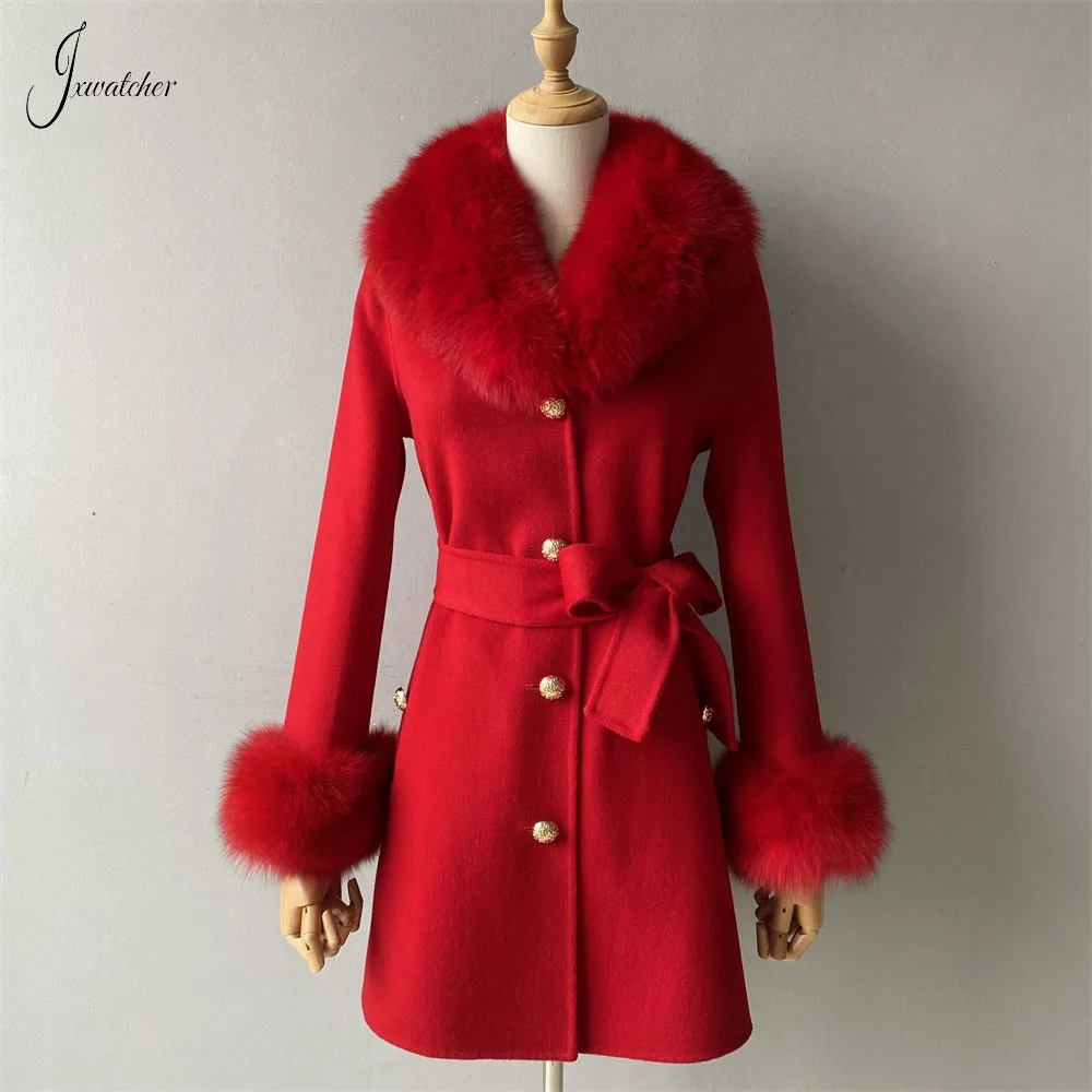 Jxwatcher Women Cashmere Wool Blend Coat Natural Fox Fur Collar Cuffs Ladies Autumn Winter Belt Slim Jacket New in Outerwears