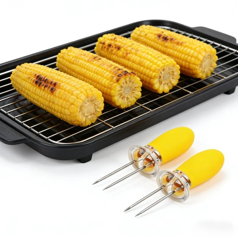 2pcs Random Color Stainless Steel Corn Forks Heat Resistant BBQ Twin Prong Sweetcorn Holders Corn Cob Tools