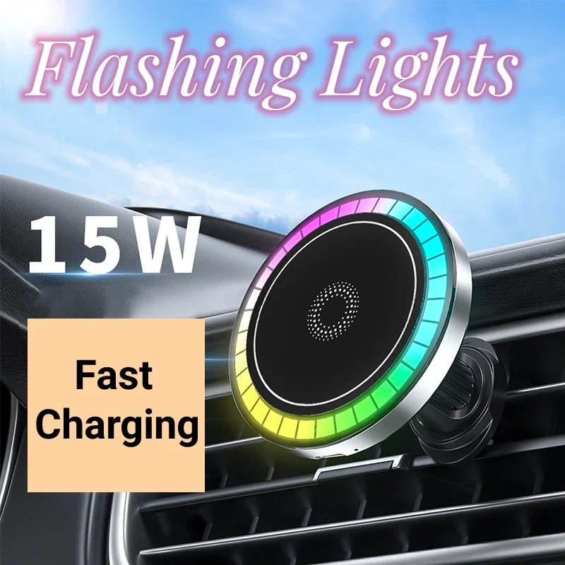 LED Magsafe Car Phone Charger with Light Magnetic Phone Holder Air Vent Car Phone Stand for IPhone15 14 13 12 Samsung Xiaomi