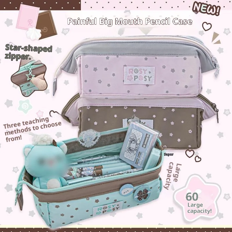 RosyPosy Large Opening Pencil Case Ins Style Multicolor Star Polka Dot Large Capacity Stationery Pouch Office Storage