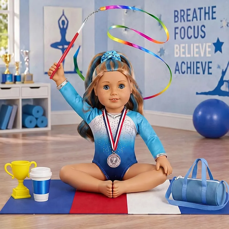 18-Inch Doll Gymnastics Set, Includes Clothes, Shoes, Headband, Bag, Water Cup; Trophy Perfect Fit for 43cm Dolls