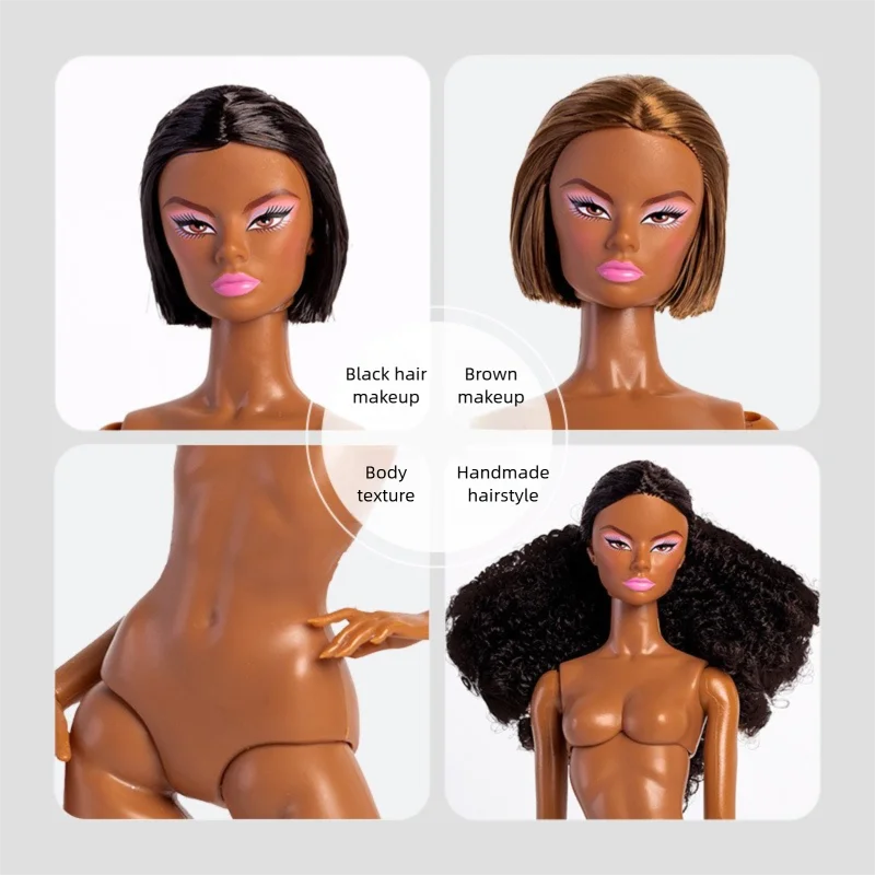 Bambola da supermodelo in pelle nera / bambola nuda con capelli corti ricci da 32 cm / bambola con corpo e testa mobili a 12 articolazioni / casa delle bambole vestire giocattoli fai da te