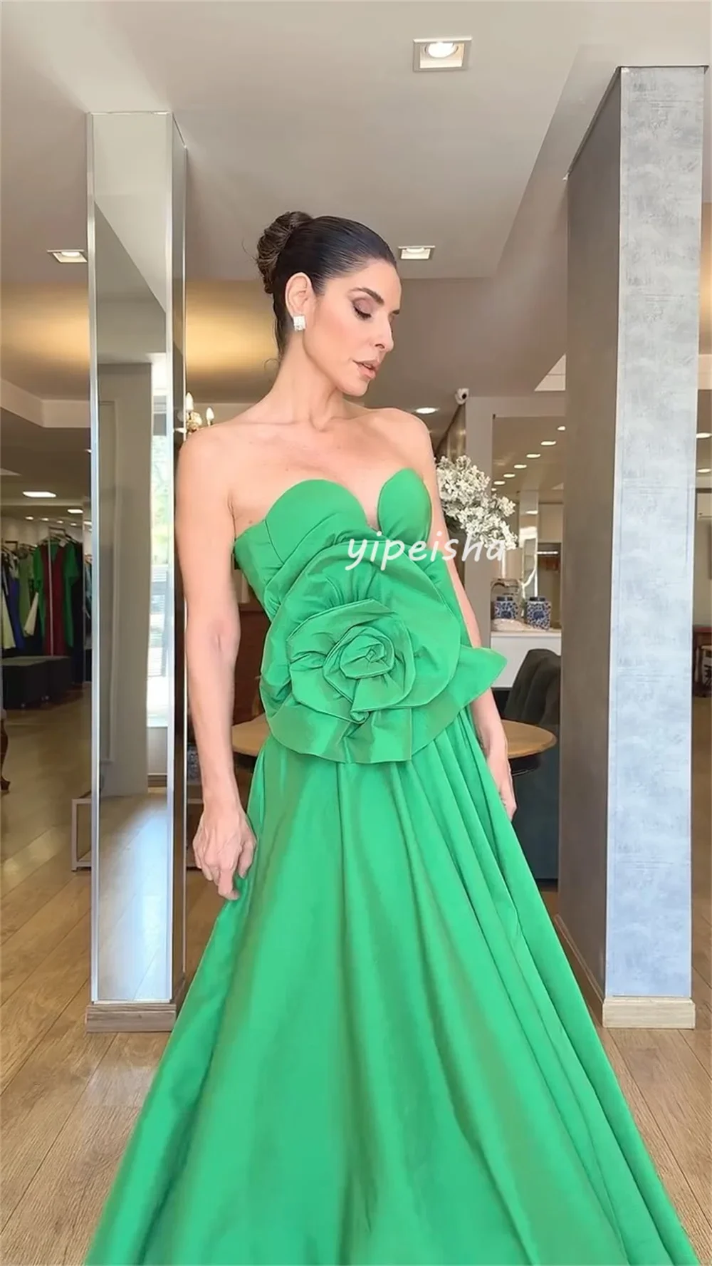 Customized Matching Fashion Pleat Draped Handmade Flower A-line Strapless Long Dresses Bespoke Occasion Dresses Exquisite