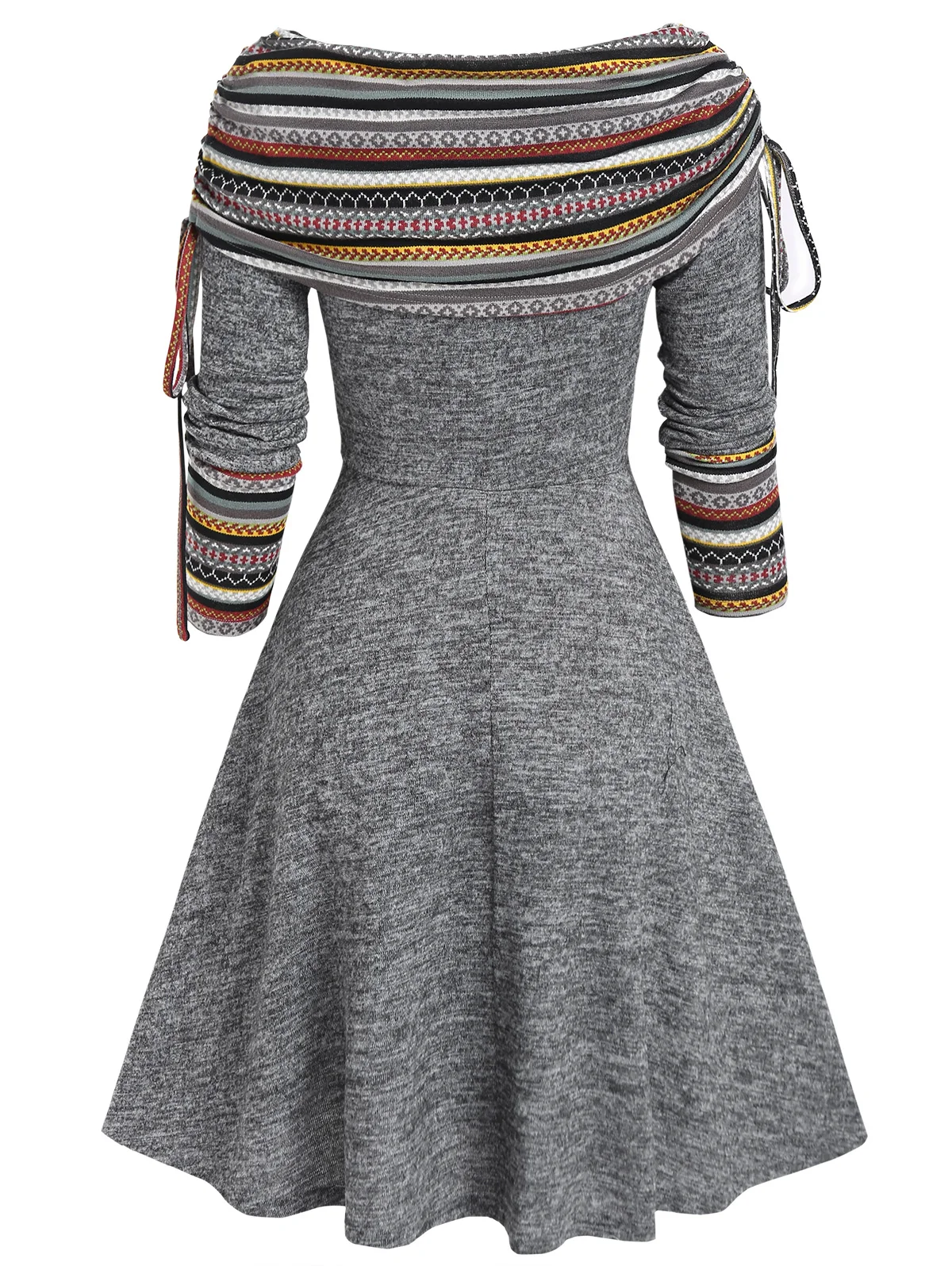 Convertible Cinched Striped Flare Dress Foldover Off The Shoulder Knitted Dresses Women 2023 Long Sleeve Jurken