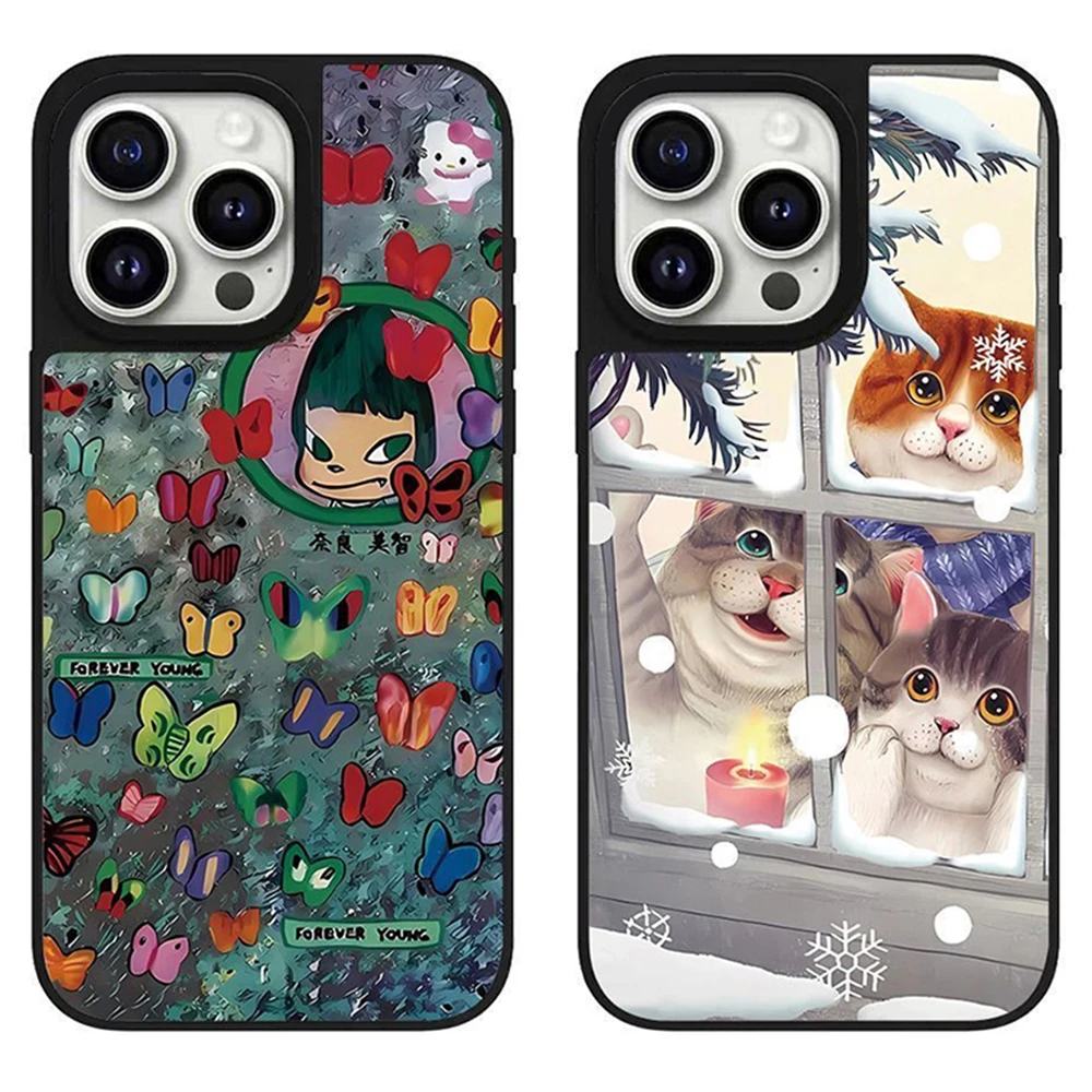 

Christmas Cat Black Silver Border Mirror Magnetic Phone Case Cover for IPhone 12 13 14 15 16 Pro Max Case