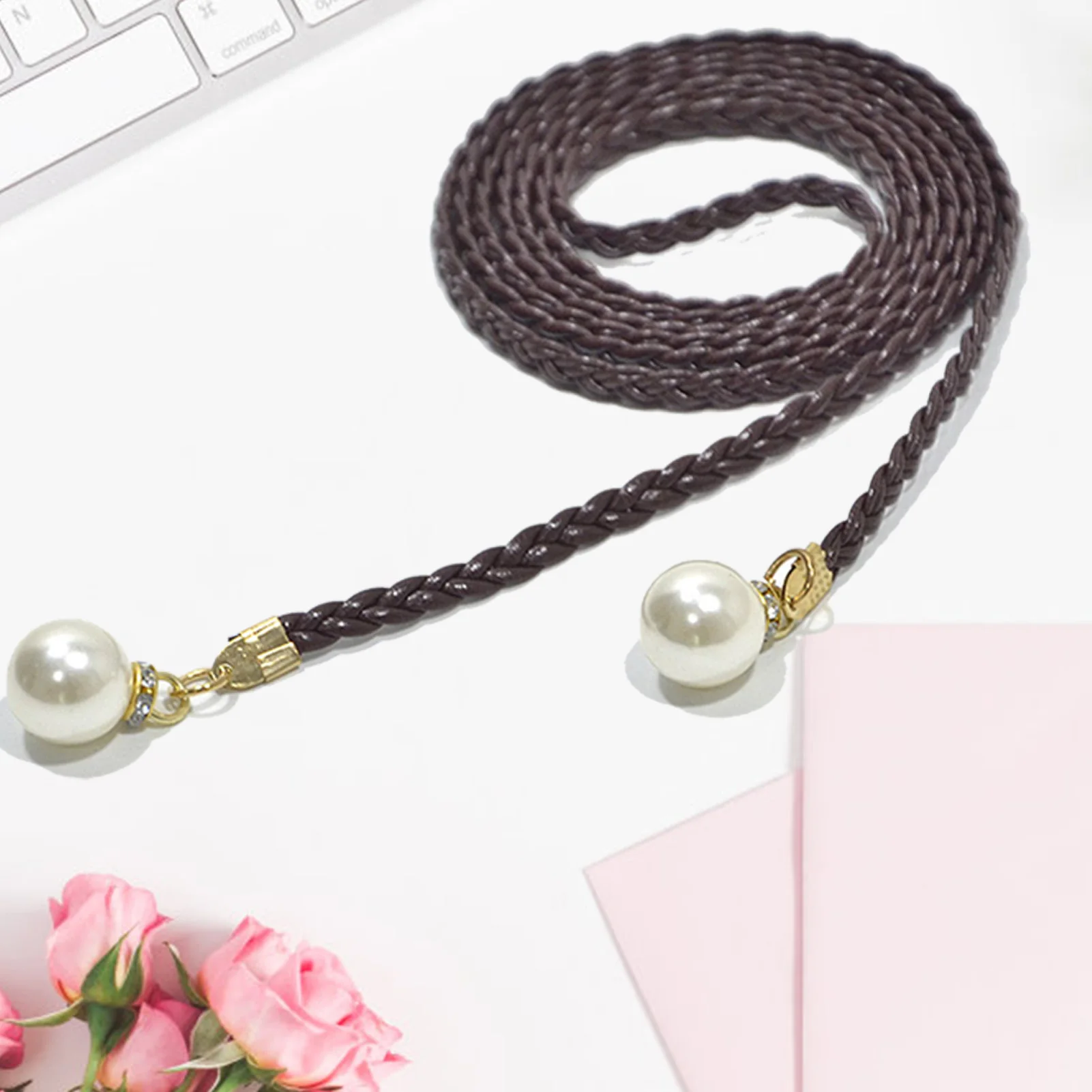 Women Fashion Waist Belt Pearl Buckle Design Sweet Drawstring Waist Belt for Female Jeans Dresses
