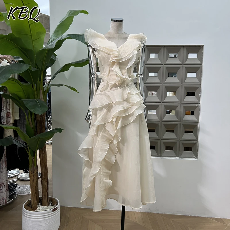 

KBQ French Spliced Irregular Ruffles Tunic Dresses for Women V Neck Sleeveless High Waist Ekegant Chic Long Dress Female New