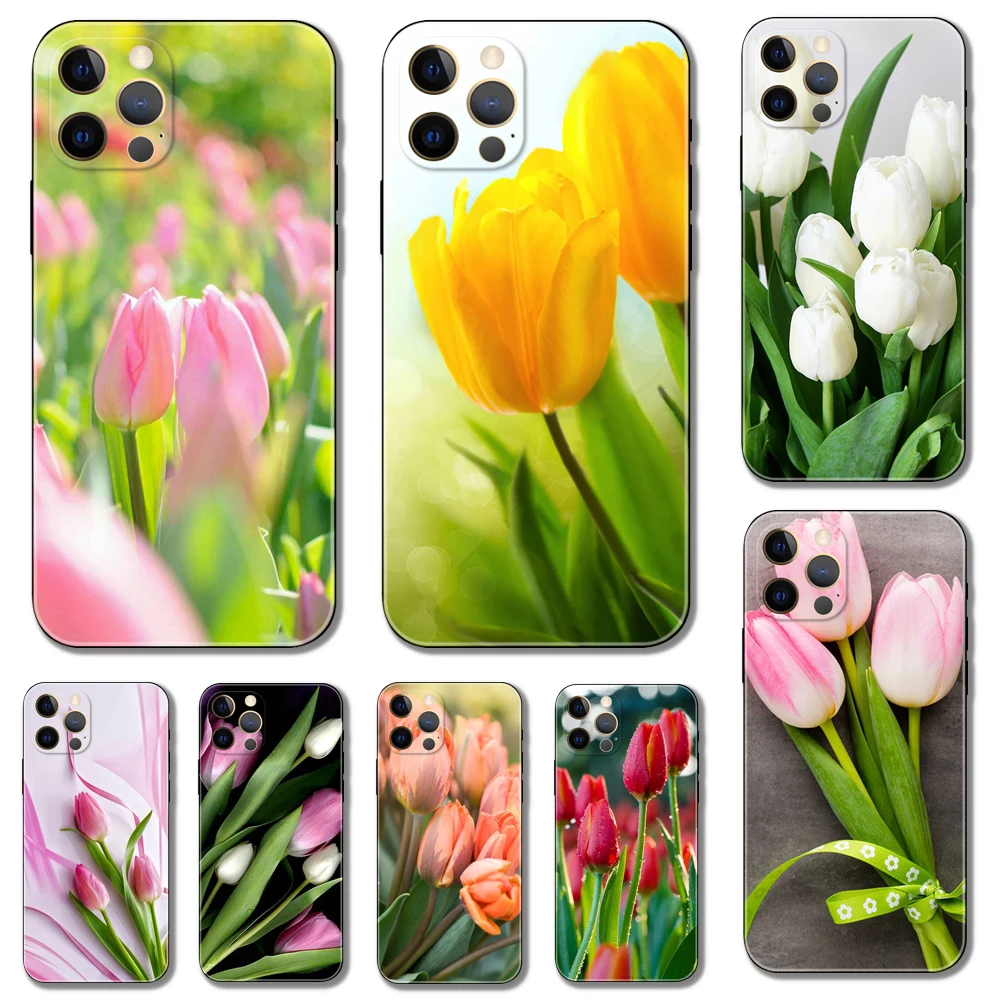 Tulips Flower Spring ，phone case for iphone，14 2020se 6 6s 7 8 plus x 10 XR XS 11 12 13 mini pro MAX soft black tpu back cover