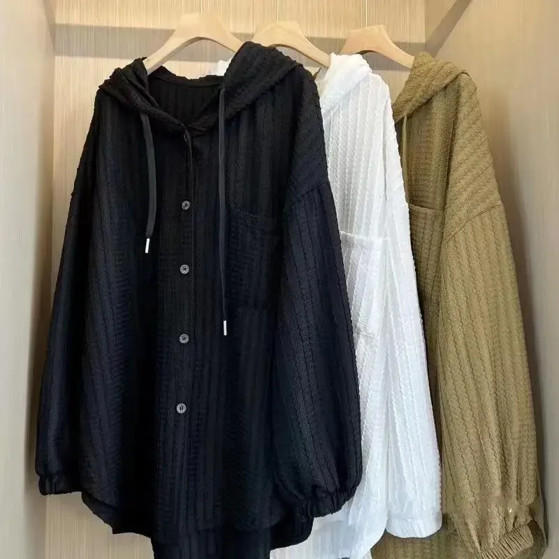 

Spring and Summer Hooded Single-breasted Shirt for Women's Fashionable Solid Color Cardigan Versatile Sun Clothes New