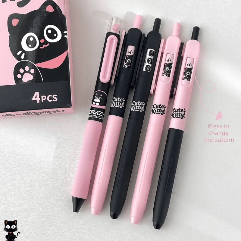 4/5pcs Cute Kitty Gel Pens Set Click-to-Change Pattern Kawaii Cat Gel Ink Pens 0.5mm Tip Black Refill School Supplies A3344