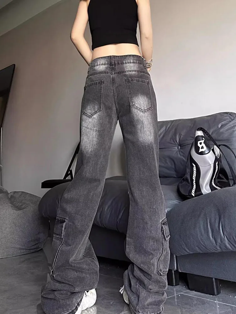 Gradient Pocket Straight Leg Jeans Fashion Streetwear Women's Casual Vaqueros Straight Wide Leg Vintage Loose Denim Pants