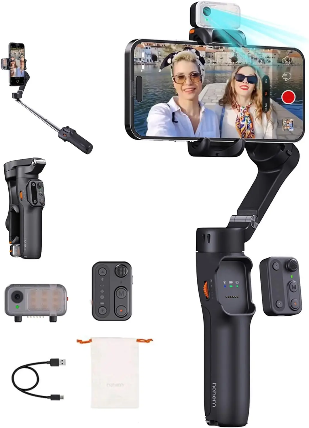 Magnetic AI Tracker Smartphone Gimbal with Detachable Remote, Built-in Tripod & Extension Rod for Video Recording