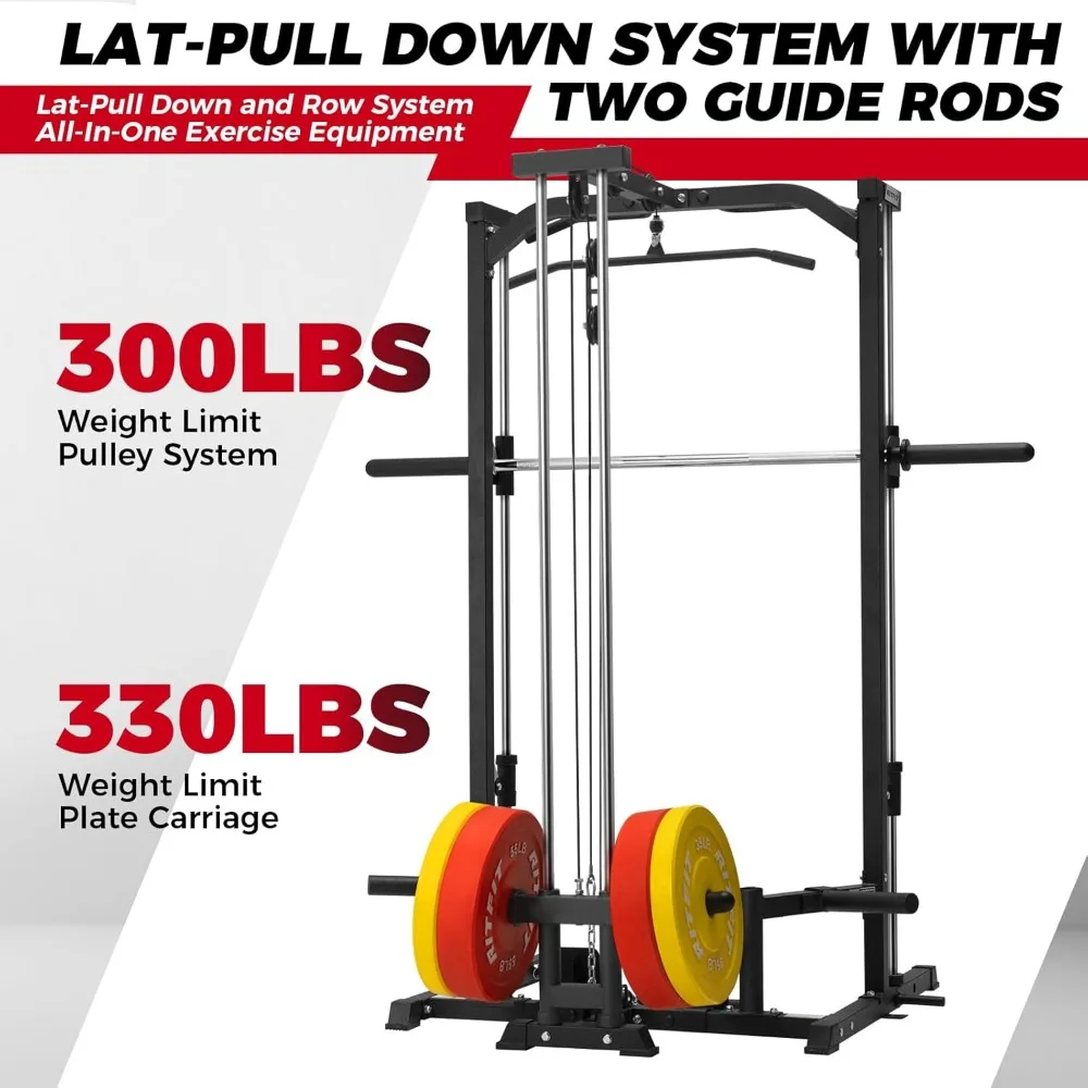 Machine Power Rack with LAT-Pull Down System, Landmine, Barbell Bar, Plate Storage Pegs and More Training Attachment