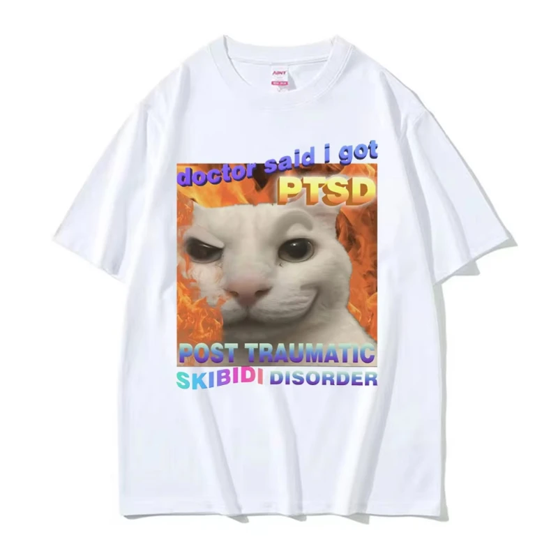 Skibidi Disorder Funny Cute Cat Meme Tee Shirt Gift Men Women Vintage Fashion Casual Cotton Short Sleeve T-shirt Streetwear