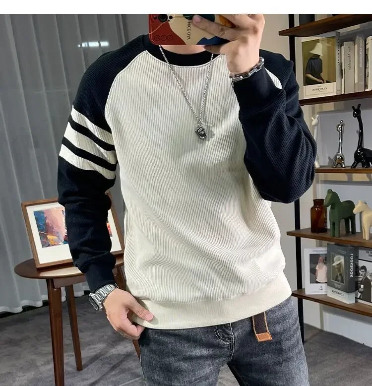 New Men's Long Sleeved Round Neck Pullover Casual Base Sweater with Vertical Stripe Splicing Contrasting Color Sweatshirt XJ170