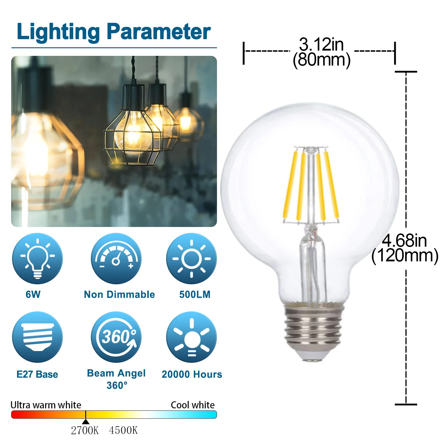 12V Low Voltage LED Light Bulb G80 24 Volt Edison Bulb 2700K 4500K E27 Base LED Bulbs for Off-Grid Solar Battery Systems RV Boat