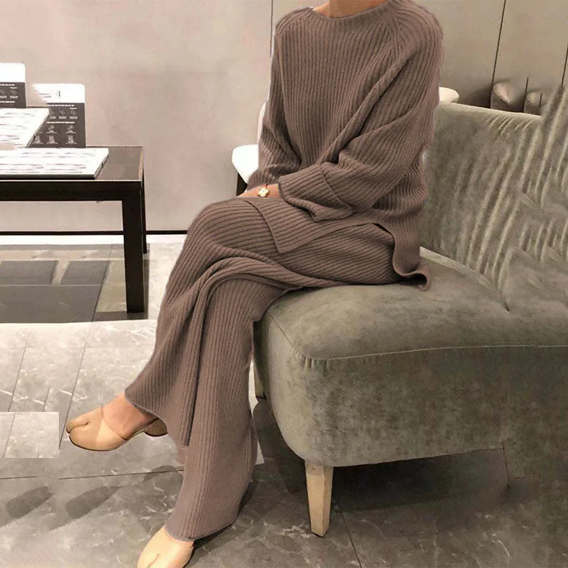 Simple Home Suit Spring Winter Soft Casual O-Neck Pullover Tops+Knitted Pant Sets Homewear Pajama Solid Women Two Piece Set