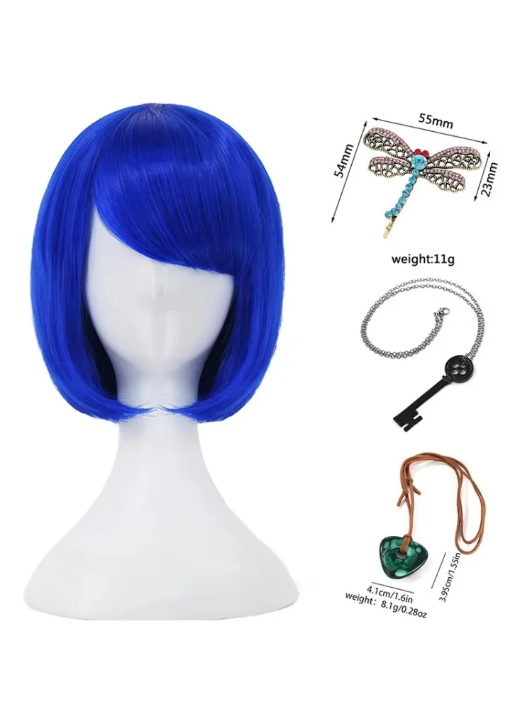 Niebieskie peruki typu bob do cosplayu, akcesoria Cora, naszyjniki, przypinki, peruki na imprezę kostiumową na Halloween, włosy syntetyczne. — 2