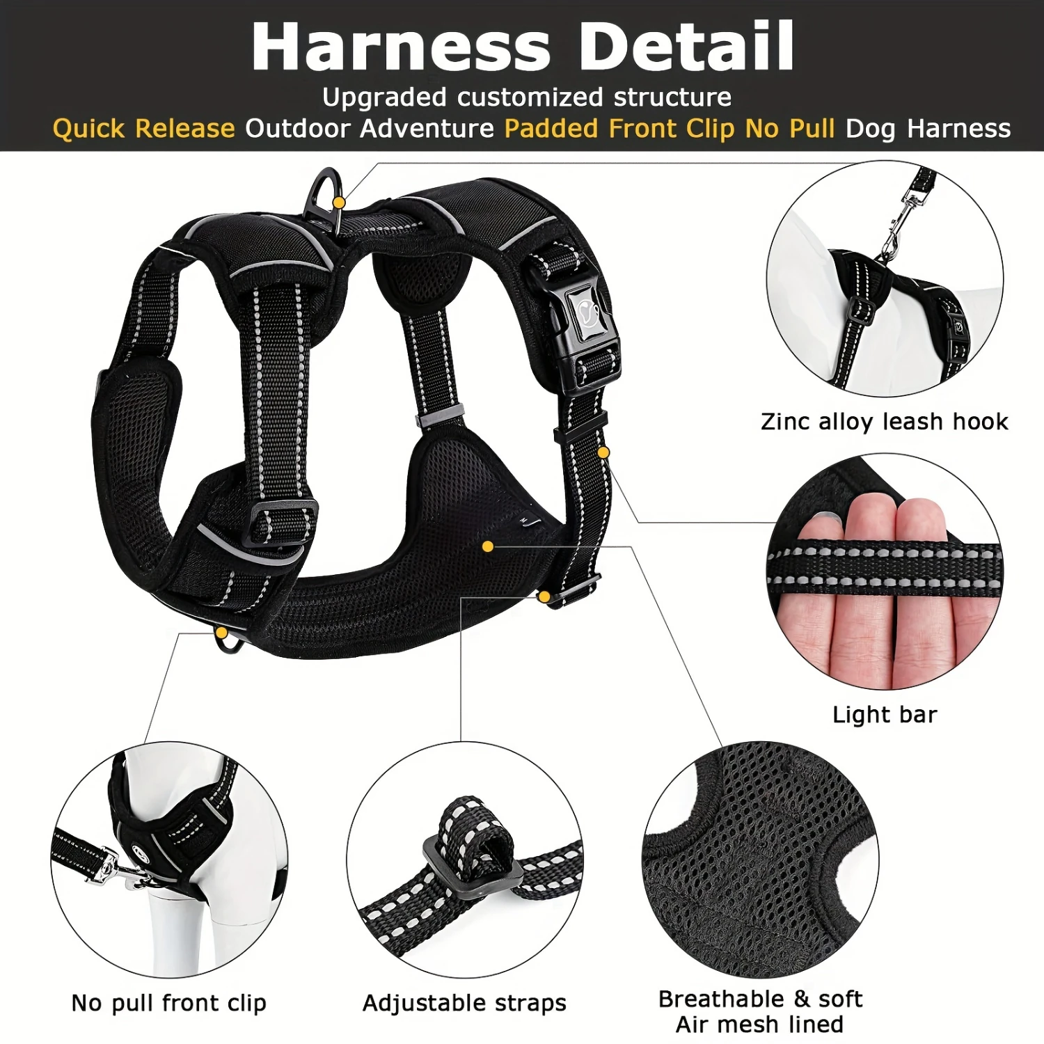 Harnais en maille douce pour petit chien, gilet rembourré confortable pour chiot et chat, sans traction, noir