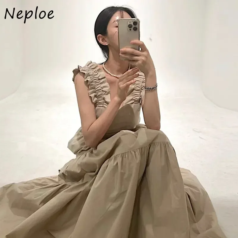 Neploe French Retro Suspender Dress 2024 Women Summer Simple Temperament Waistband Design Sleeveless Large Swing Long Dresses